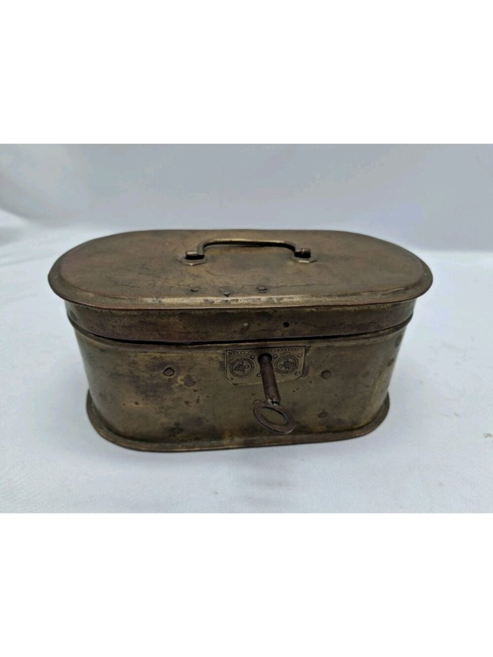 Antique Brass Oval Trinket Box Hinged Lid, Handle & Lock & Key -6.5" Long